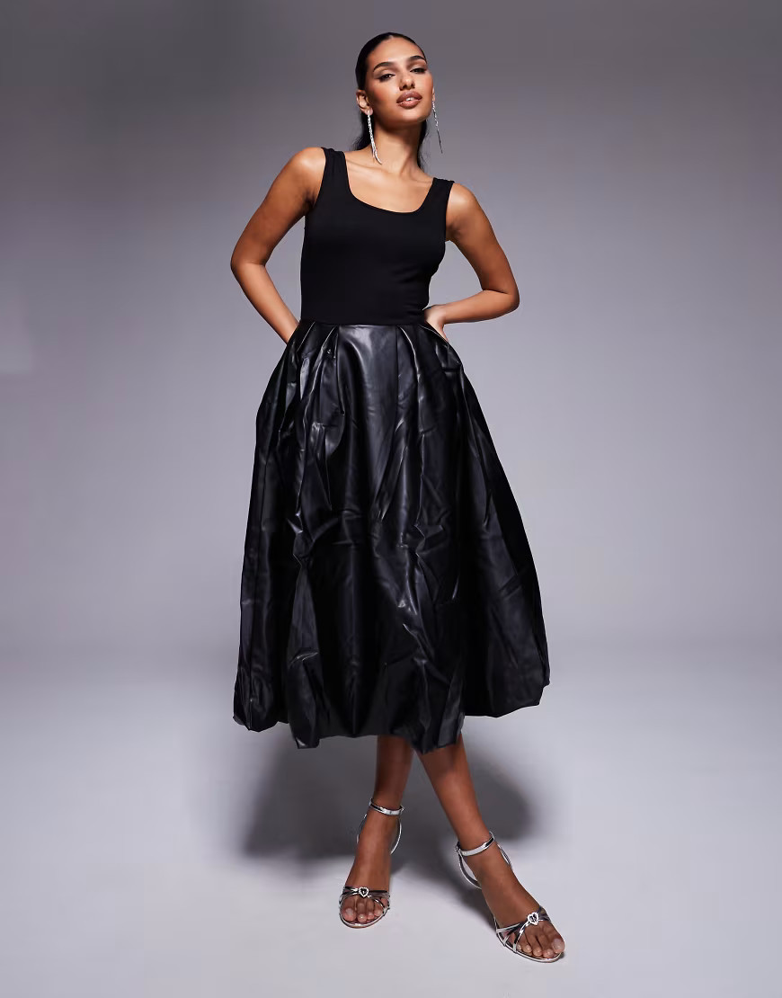 Amy Lynn Alexa scoop back puffball midi dress with PU skirt in black | ASOS (Global)