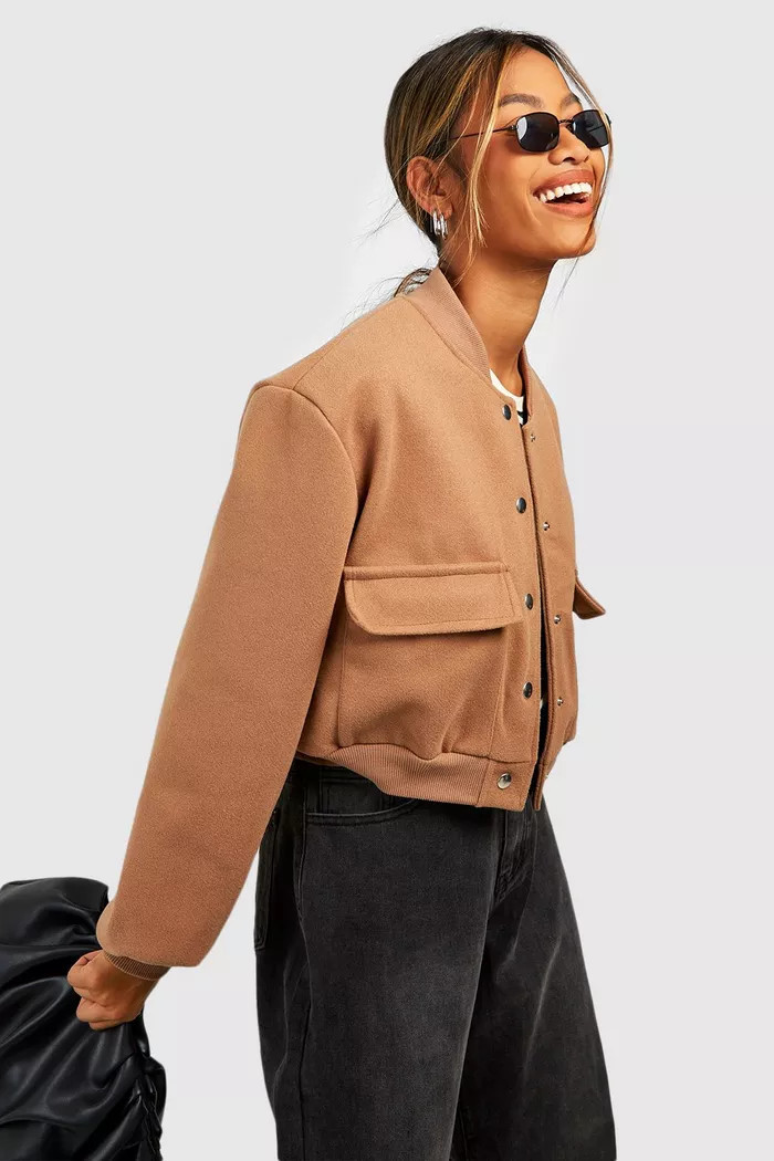 Pocket Detail Wool Look Bomber Jacket | boohoo (US & Canada)