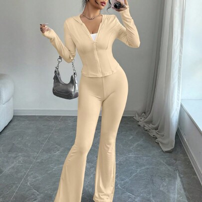 Solid Color Hooded Zipper Long Sleeved Sports Style Top And Flared Pants Two-Piece Set, 2-Piece Set, Fashionable, Simple, Casual, Outdoor, Street, Spo | SHEIN