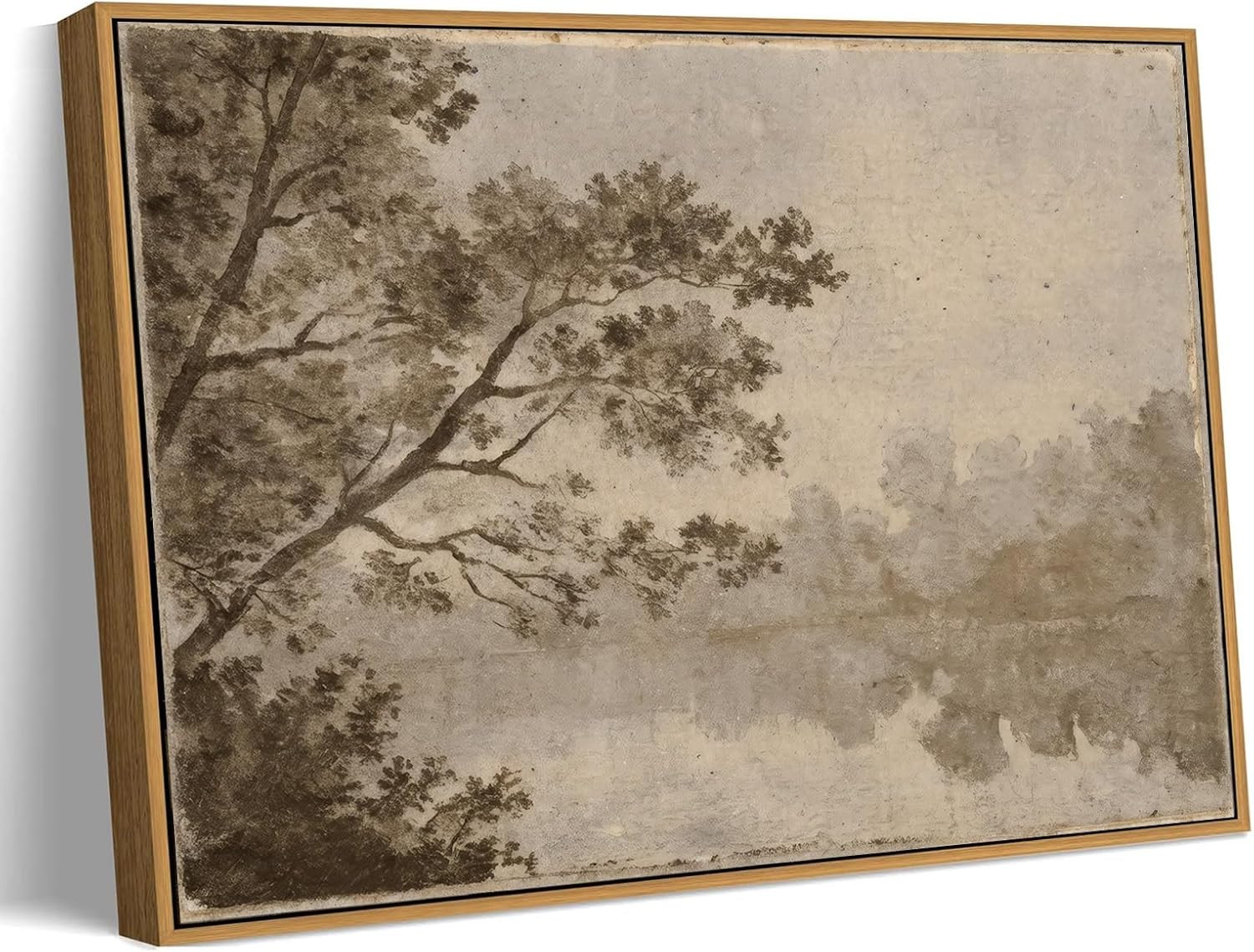 LJTYTHJA Framed Vintage Landscape Wall Art Rustic Still Water Tree Wall Decor Antique Sepia Canvas Prints Artwork Neutral Countryside Pictures for Cabin Living Room Bedroom 16x24in | Amazon (US)