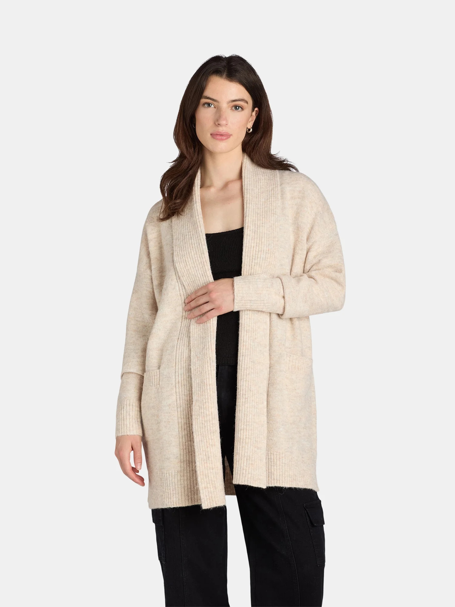 Time and Tru Women's and Women's Plus Fuzzy Open Front Cardigan Sweater, Midweight, Sizes XS-4X | Walmart (US)