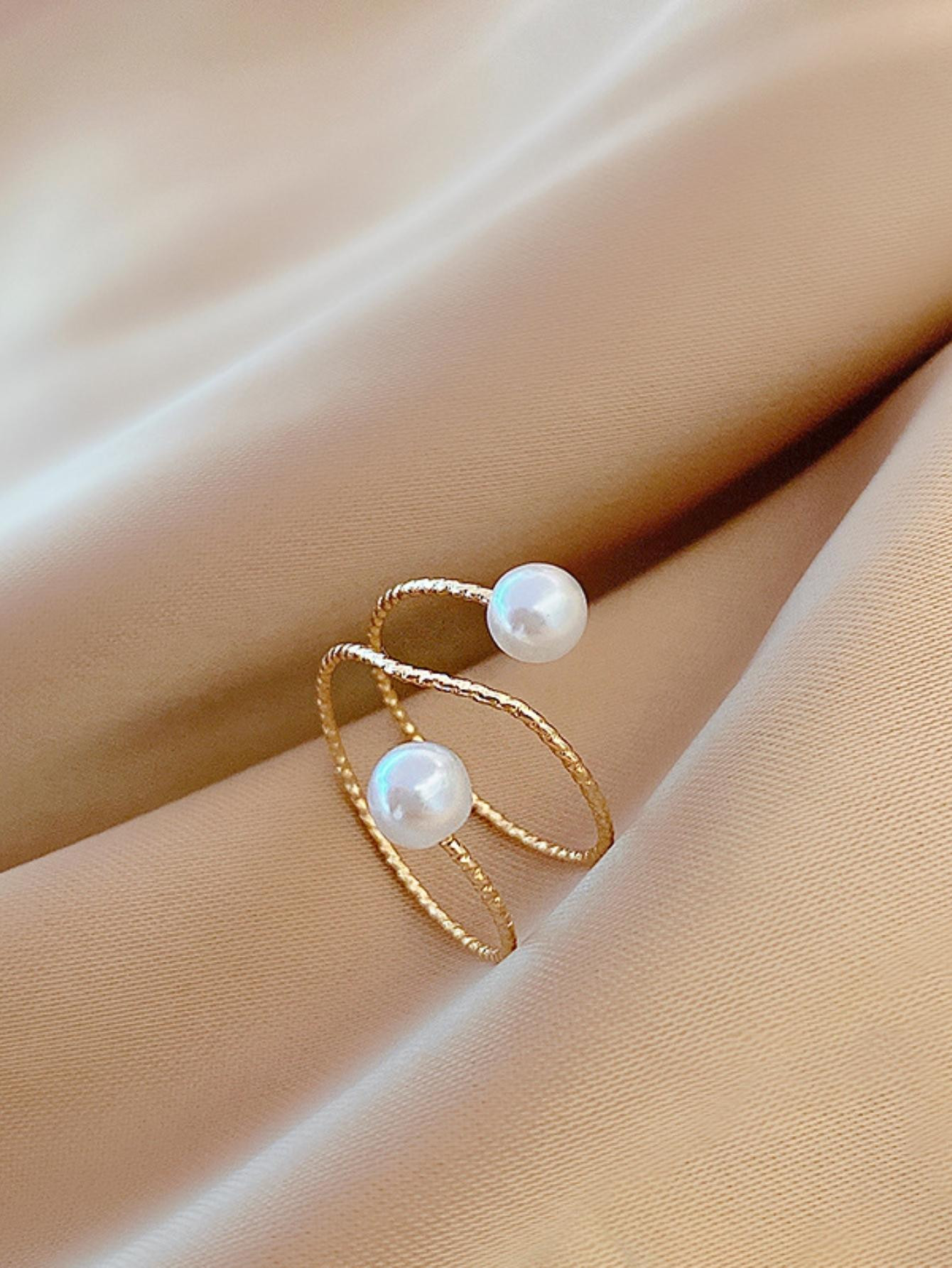 1pc Wrapped Faux Pearl Triple Layer Open Adjustable Ring | SHEIN