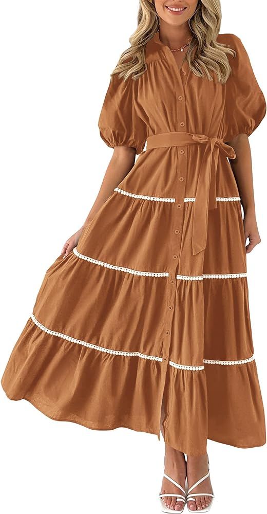 PRETTYGARDEN Women's Summer Button Down Shirt Dress Short Puffy Sleeve Tiered Ruffle Flowy Long M... | Amazon (US)