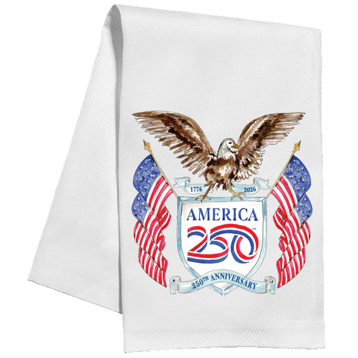 Hand painted America 250 Logo with Bald Eagle and Flags Kitchen Towel | Rosanne Beck Collections