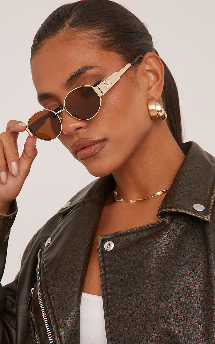 Oval Cateye Shape Side Detail Brown Tinted Lense Metal Frame Sunglasses In Gold | EGO (UK)