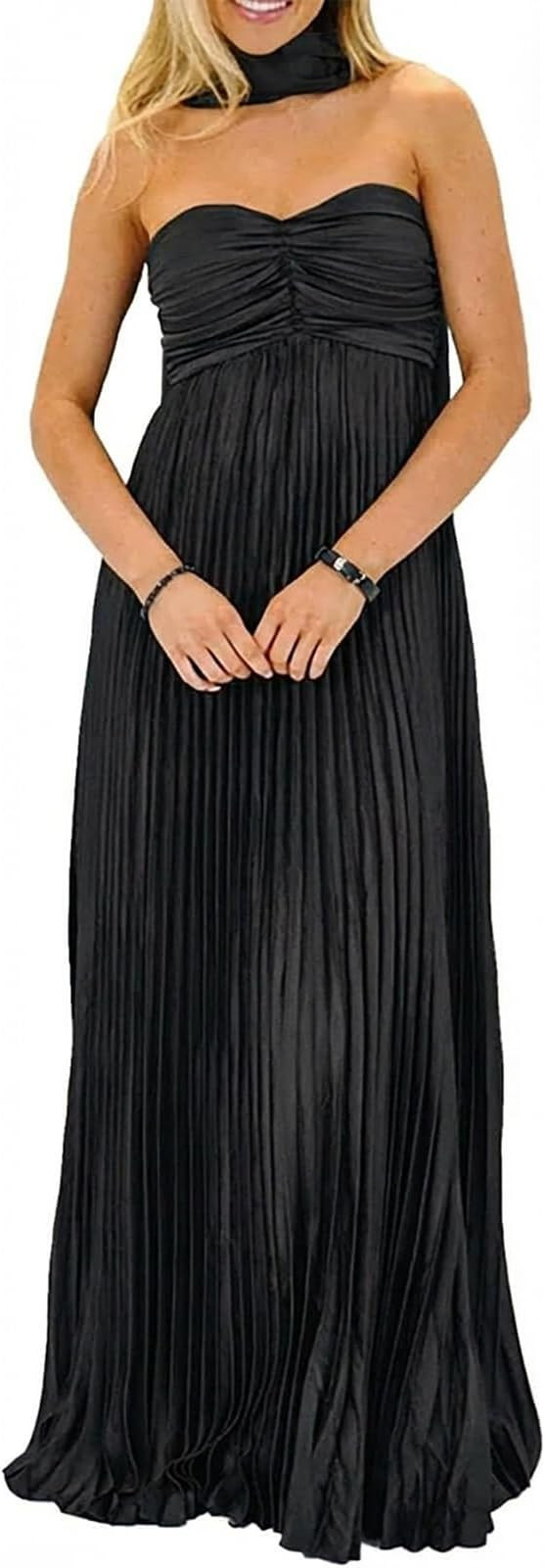 Women Bridesmaid Dresses with Scarf Strapless Pleated Flowy Solid Long Formal Wedding Guest Dress... | Amazon (US)
