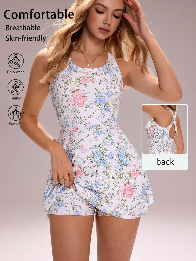 Sovereign Charm Women's Floral Print Criss-Cross Back Sports Dress With Shorts | SHEIN