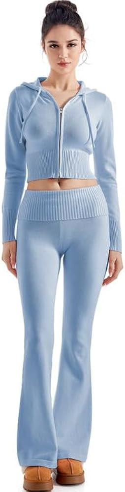 SUUKSESS Women 2 Piece Knit Sets Cropped Zip Up Hoodie Foldover Flare Leg Pants | Amazon (US)
