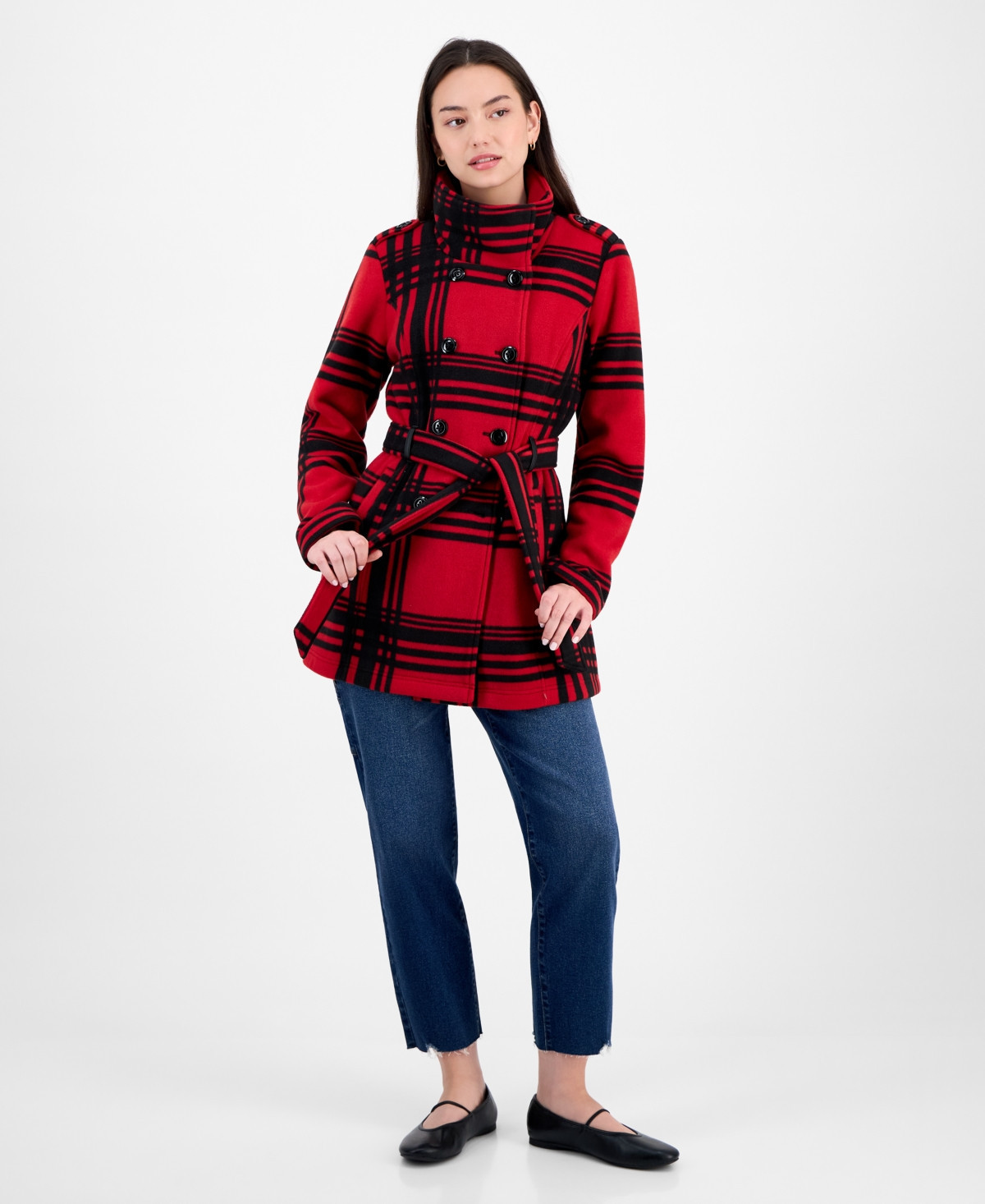 Bcx Juniors' Plaid Micro-Fleece Belted Jacket - Red/Black | Macy's