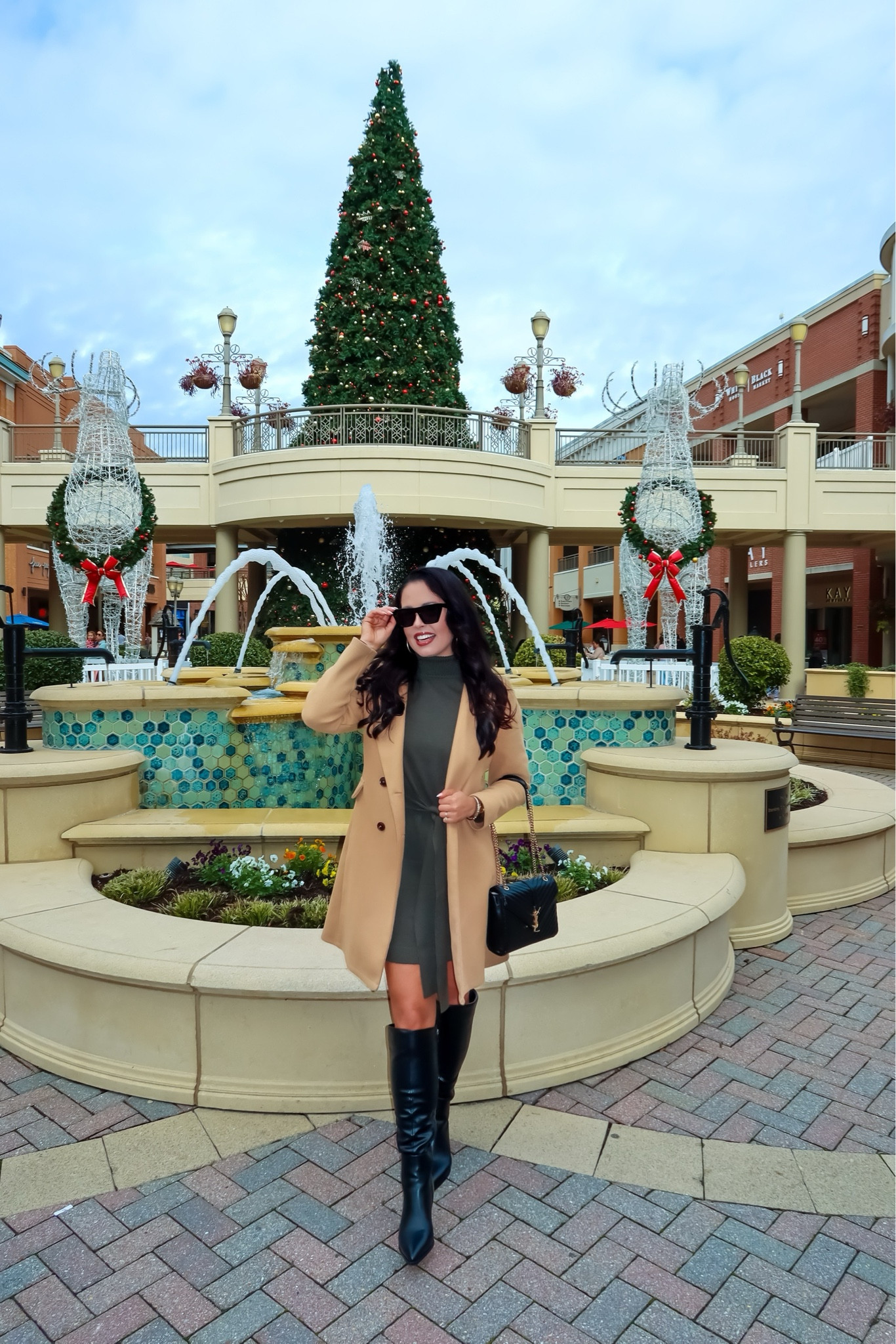 Under $30 Amazon turtleneck tie waist sweater dress (small, 5+ colors), under $65 black Amazon pointed toe knee high boots (tts), under $8 pack of Amazon cat eye sunglasses and similar tan pea coat (small) #founditonamazon 

#LTKHoliday #LTKFindsUnder50 #LTKSaleAlert