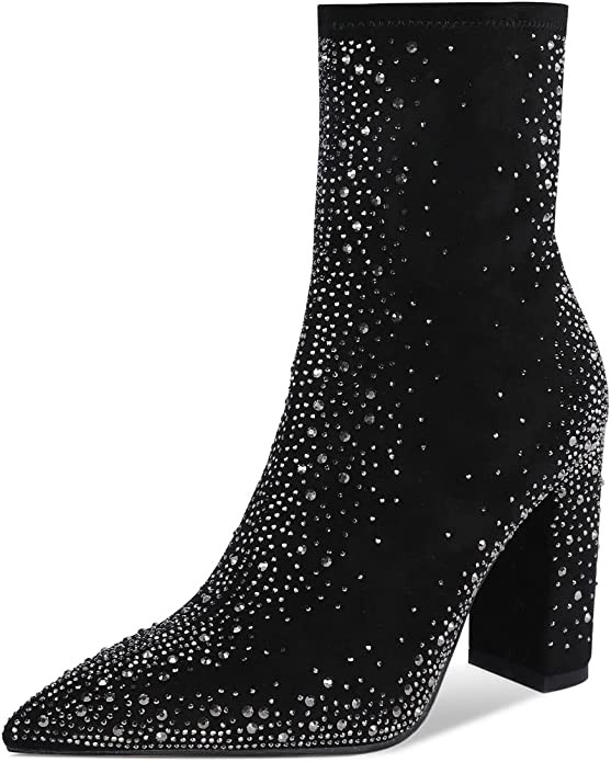 ISNOM Women Rhinestones Boots Suede Ankle Boots with Chunky Heel, Pointed Toe, Side Zipper | Amazon (US)