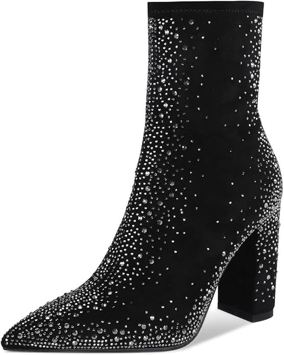 ISNOM Women Rhinestones Boots Suede Ankle Boots with Chunky Heel, Pointed Toe, Side Zipper | Amazon (US)