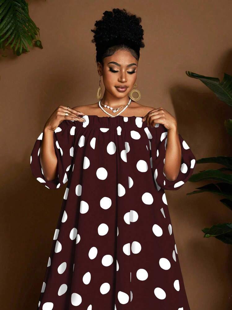 Maweii Plus Size Polka Dot Print Off-Shoulder Casual Vacation Dress | SHEIN