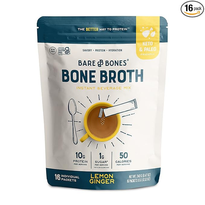 Bare Bones Bone Broth Instant Powdered Mix, Lemon Ginger, Pack of 16, 15g Sticks, 10g Protein, Ke... | Amazon (US)