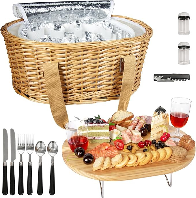 Hap Tim Wicker Picnic Basket Set for 2 with Mini Folding Wine Picnic Table & Large Insulated Cool... | Amazon (UK)