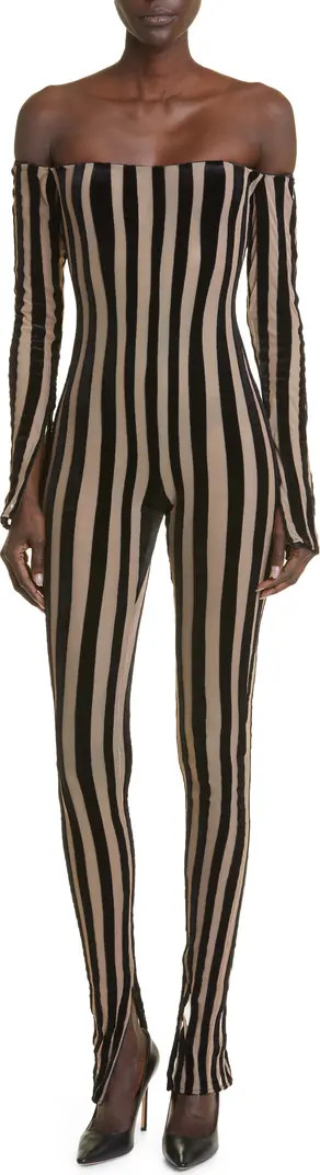 LaQuan Smith Velvet Stripe Off the Shoulder Mesh Catsuit | Nordstrom | Nordstrom