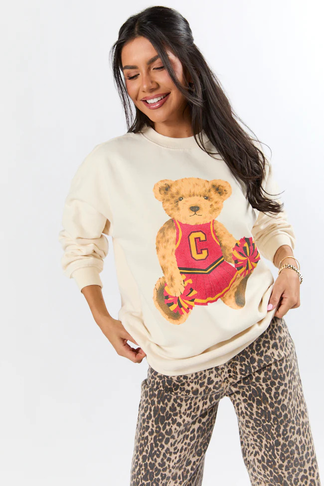 Vintage Red and Gold Cheer Teddy Bear Cream Oversized Graphic Sweatshi | Pink Lily