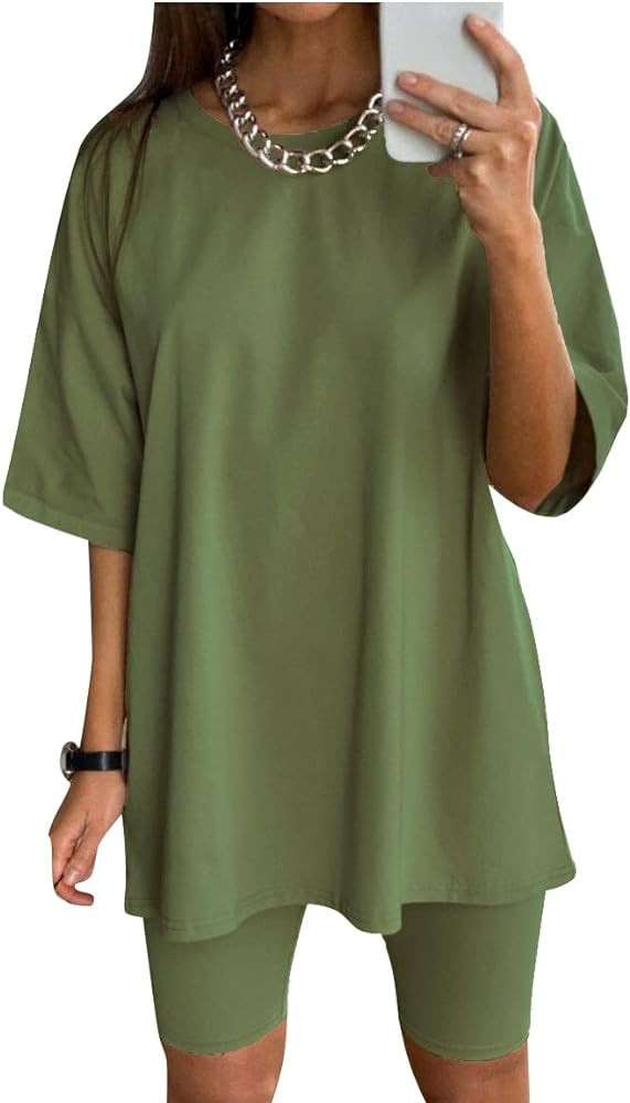 Glamaker Women 2 Piece Outfit sets Casual Oversized T-Shirt Tops Biker Shorts Workout Sports Trac... | Amazon (US)