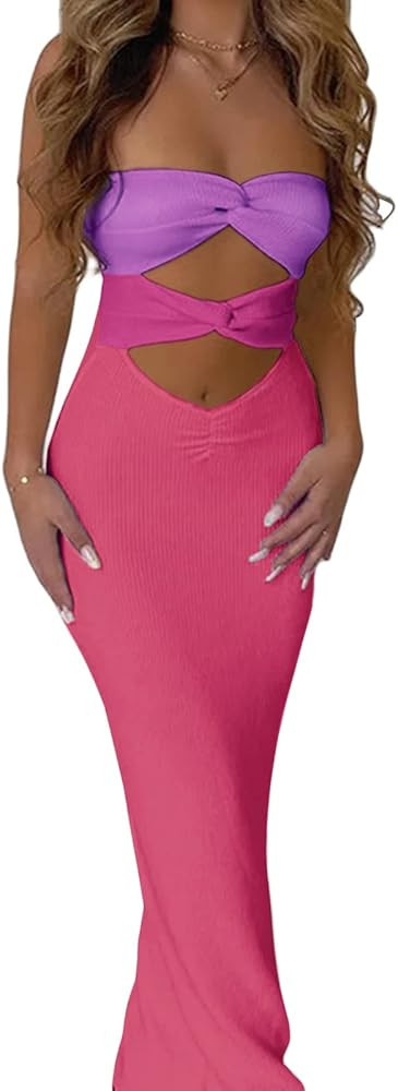 ROAONOCOMO Women Y2k Off Shoulder Bodycon Dress Slim Fitted Long Tube Dresses Backless Stretchy M... | Amazon (US)