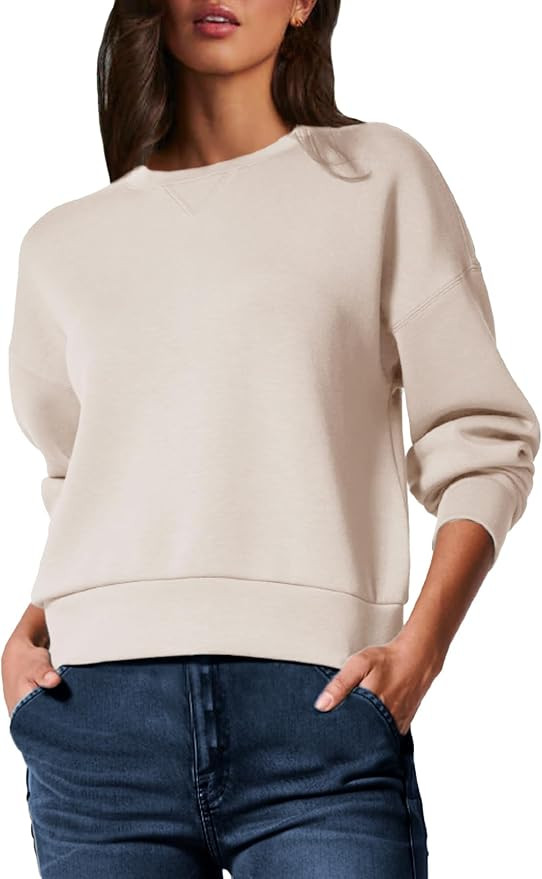 Glamaker Women's Crewneck Cropped Sweatshirt Pullover Stripe Air Essentials Basic Long Sleeve Shi... | Amazon (US)