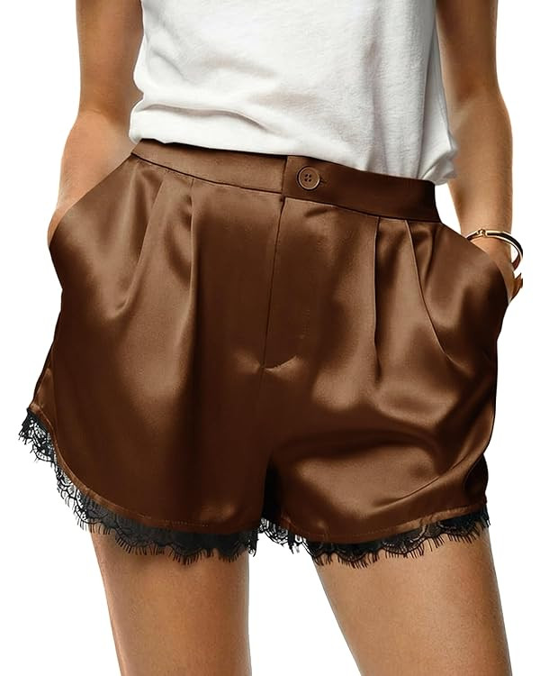 Tankaneo Womens Satin Silk Shorts Summer Casual High Waist Lace Button Lounge Shorts with Pockets | Amazon (US)