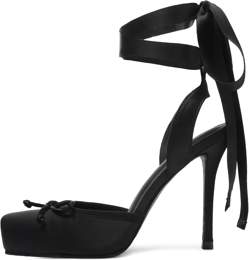 Satin Ballet Heels for Women Closed Square Toe Bow Ballerina Heels Lace Up High Heel Slingback Pu... | Amazon (US)