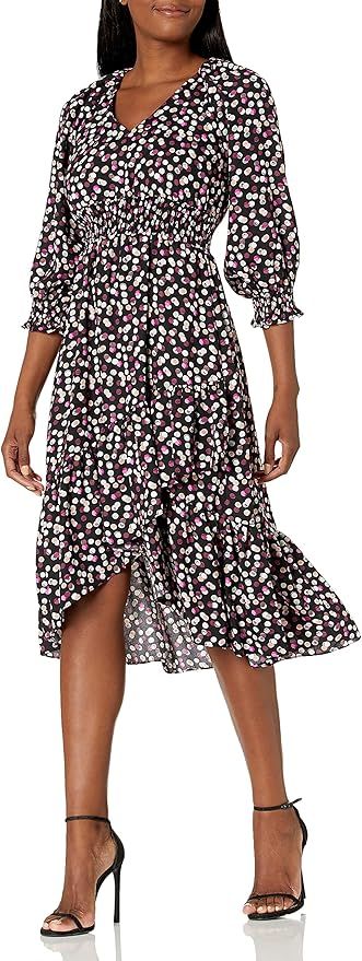 Gabby Skye Women's 3/4 V-Neck Smocked Waist and Sleeves Midi High Low Polka Dot Crepe Dress | Amazon (US)