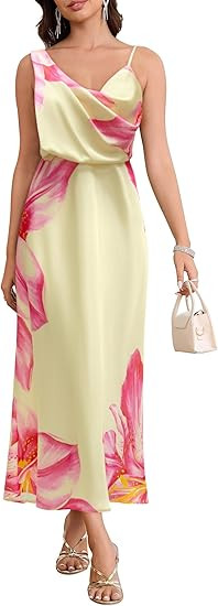Women's Summer Satin Dress Elegant Cowl Neck Adjustable Spaghetti Strap Wedding Guest Cocktail Pa... | Amazon (US)