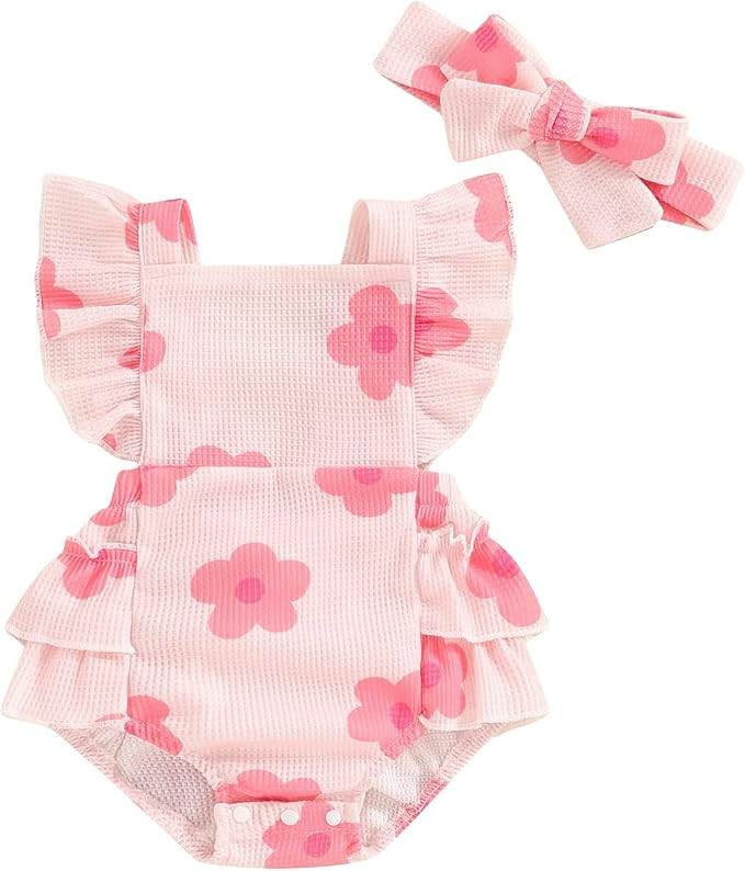 Newborn Baby Girl Summer Clothes Fly Sleeve Bubble Romper Floral Ruffle Dress Cute Outfit Set | Amazon (US)
