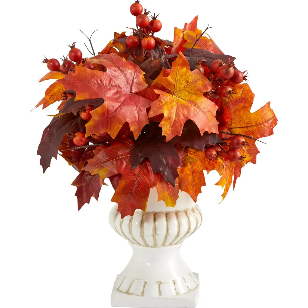 NEARLY NATURAL 20-in Autumn Maple Leaf and Berries Artificial Plant in White Urn in Orange at Nordstrom | Nordstrom