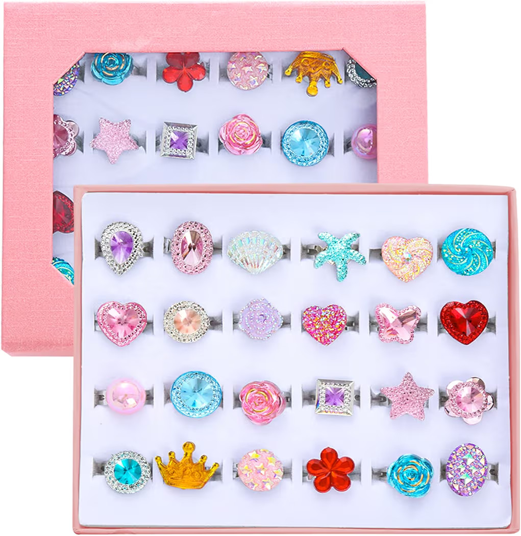 24pcs Little Girl Jewel Rings, Adjustable, No Duplication Kids Play Ring in Box,Pretend Play and ... | Amazon (US)