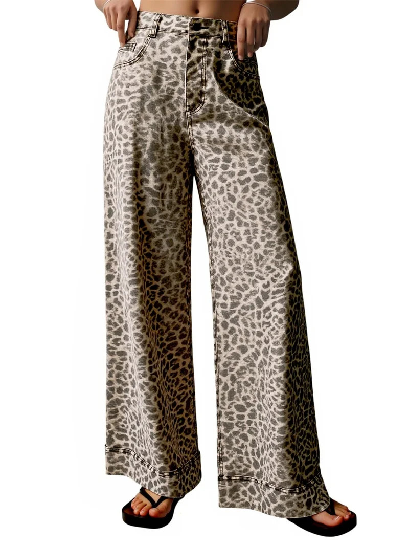 Floral Print Women Long Jeans Wide Leg Casual Denim Pants | Walmart (US)