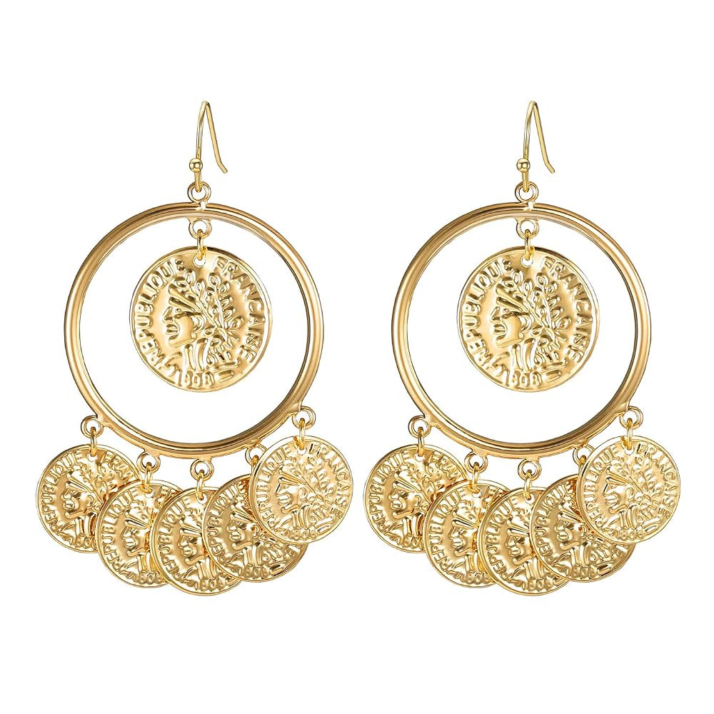 FAMARINE Vintage Tribal Chandelier Portrait Coins Hoop Drop Earrings for Women Costume Jewelry | Amazon (US)