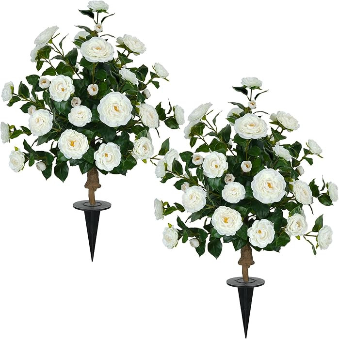 2 Packs 35.4" Artificial Camellia Tree Outdoor, 3FT Fake Flower Trees UV Resistant Faux Bushes Ou... | Amazon (US)