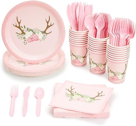 144 Piece Oh Deer Party Decorations for Girl Baby Shower, Woodland Theme Plates, Napkins, Cups, C... | Amazon (US)