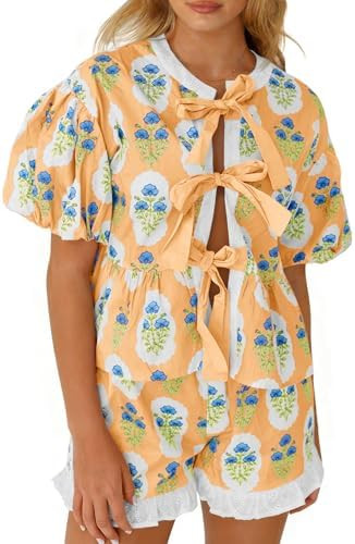 Aoysky Womens Floral 2 Piece Short Sets Summer Vacation Outfits Puff Sleeve Babydoll Blouse Ruffl... | Amazon (US)