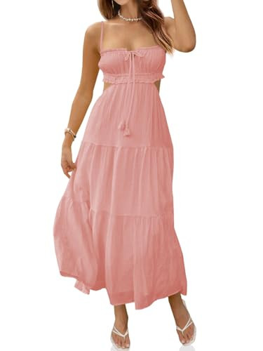 Fisoew Women's Spaghetti Strap Maxi Dress Summer Sleeveless Side Cut Out Dress Casual Boho Backless Flowy Long Dresses Light Pink | Amazon (US)