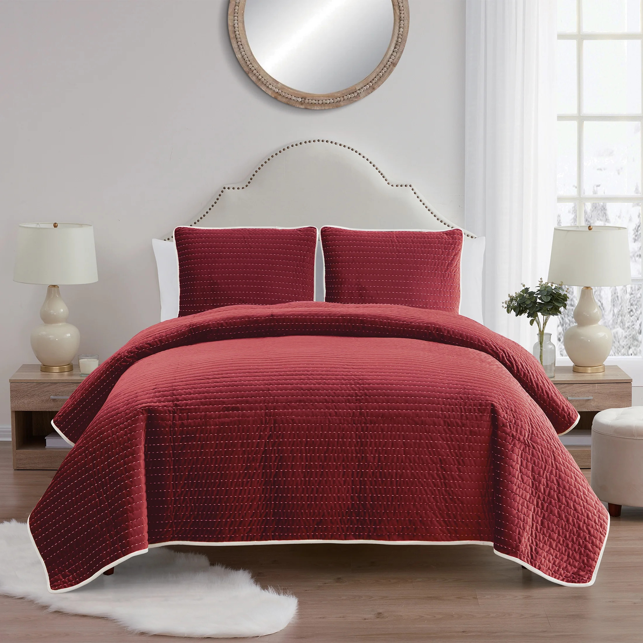My Texas House Quinn Savvy Red Pick Stitch Stripe Velvet 3-Piece Quilt Set, Full/Queen - Walmart.... | Walmart (US)