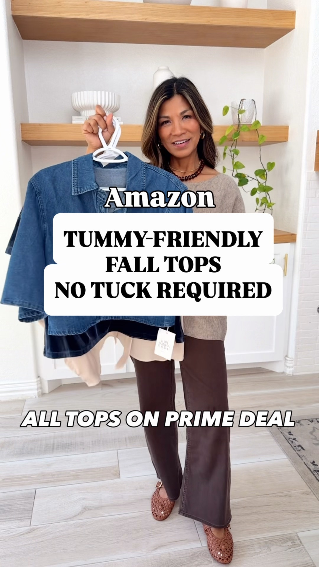 I’m 5’2” 118#ish for reference 
Tops 4 and 5 are in XS tts.
Tops 1,2,3,6, 7 in size small tts.
I have the denim top in both Blue and Light Blue. 
Brown jeans exact one sold out but link a very similar pair that I also have - fit tts in XS.
Blue jeans fit tts in size 26 short length -wash is Frosted Blue.
Accesories are linked.
All tops on Amazon Prime Deal.
Fall fashion, fall tops, Amazon finds, over 50 style, midlife fashion, petite fashion,midlife women, affordable fashion, fashion over40