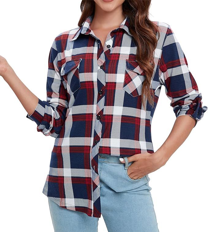 Oyamiki Womens Casual Cuffed Long Sleeve Boyfriend Button Down Plaid Flannel Shirt Tops | Amazon (US)