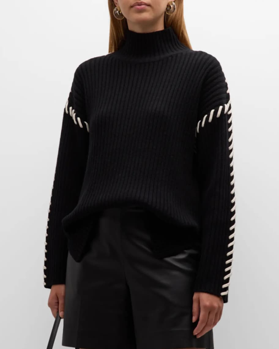 Rails Liam Rib-Knit Whipstitch Mock-Neck Sweater | Neiman Marcus