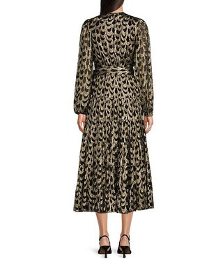 Woven Metallic Ogee Print Surplice V-Neck Long Blouson Sleeve Wrap Tie at Waist A-Line Midi Dress | Dillard's