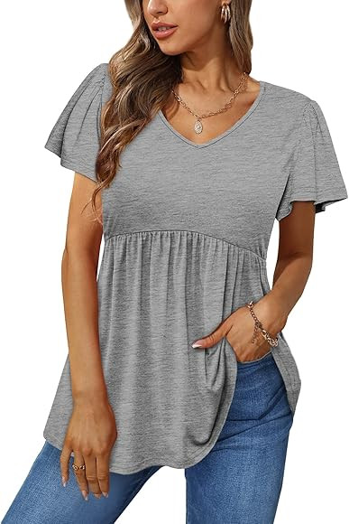 XIEERDUO Womens Blouses V Neck T Shirts Ruffle Sleeve Babydoll Tunic Tops | Amazon (US)