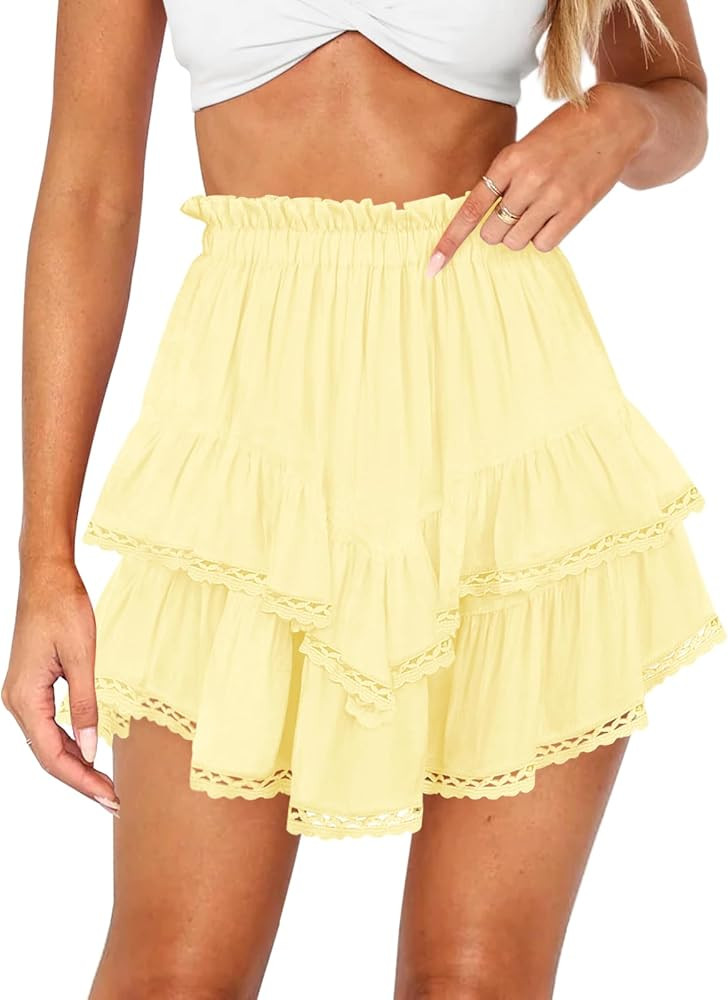 Women's High Waist Ruffle Mini Skirt Lace Trim Flowy Shorts for Women Flared Tiered Boho Y2K Casu... | Amazon (US)