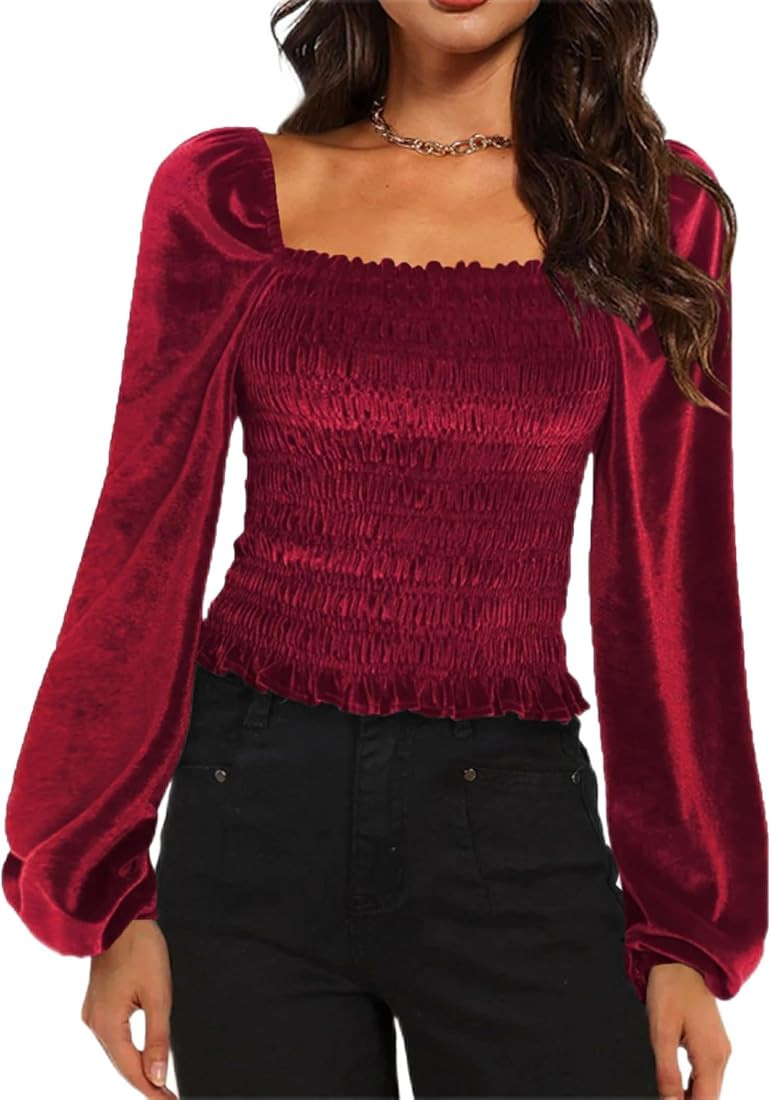 Zeagoo Women's Long Puff Sleeve Square Neck Top Velvet Tops Slim Fit Crop Cropped Top Blouse Swea... | Amazon (US)