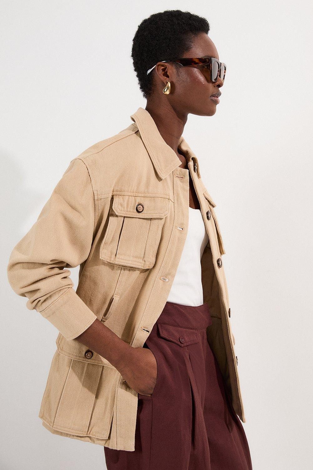 Denim Pocket Detail Belted Safari Jacket | Karen Millen UK + IE + DE + NL