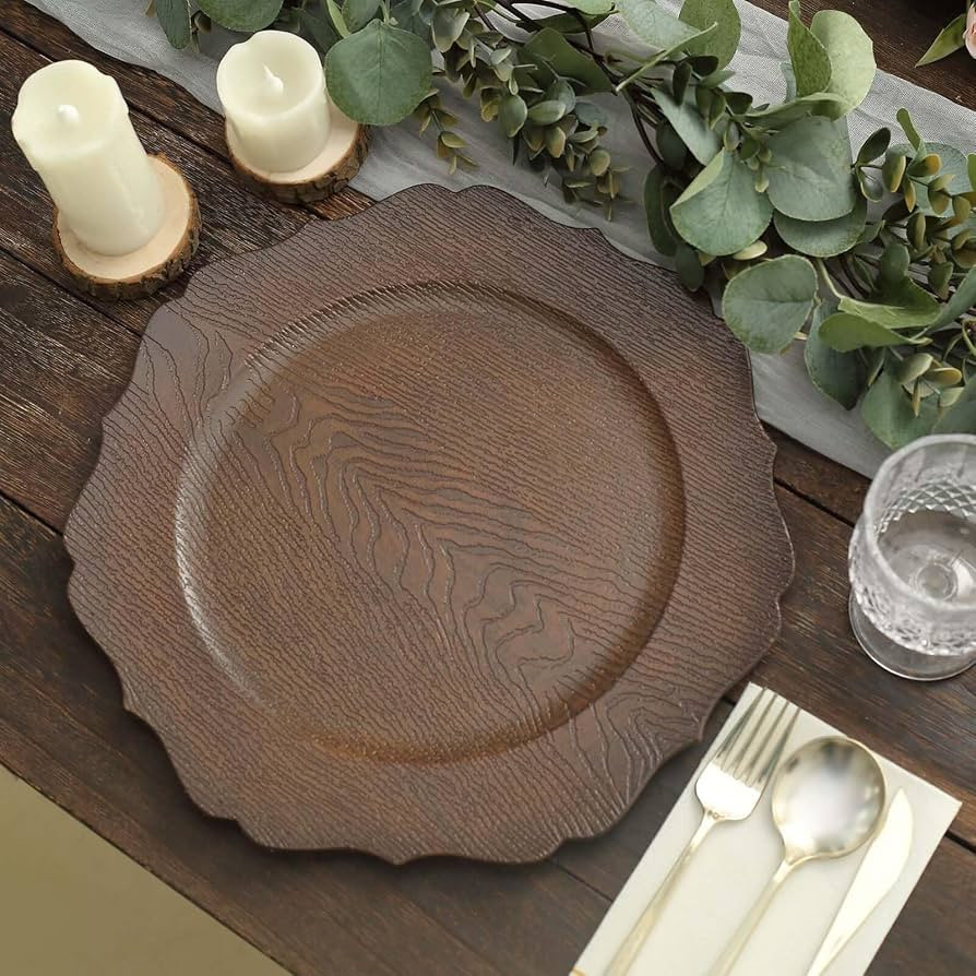 Efavormart 6 Pack | 13" Rustic Brown Wooden Textured Acrylic Charger Plates With Scalloped Rim | Amazon (US)