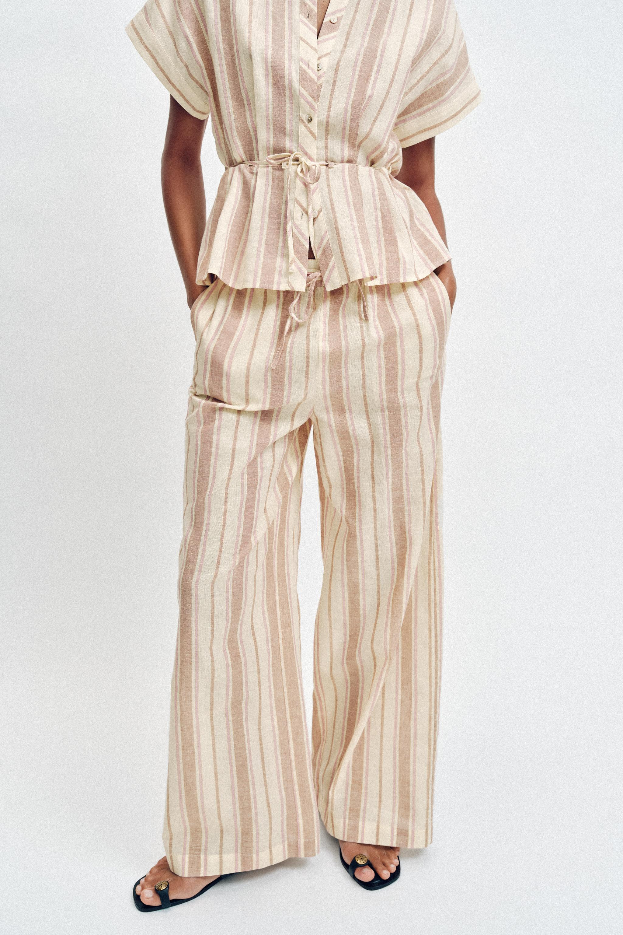 METALLIC STRIPED WIDE LEG PANTS | Zara US