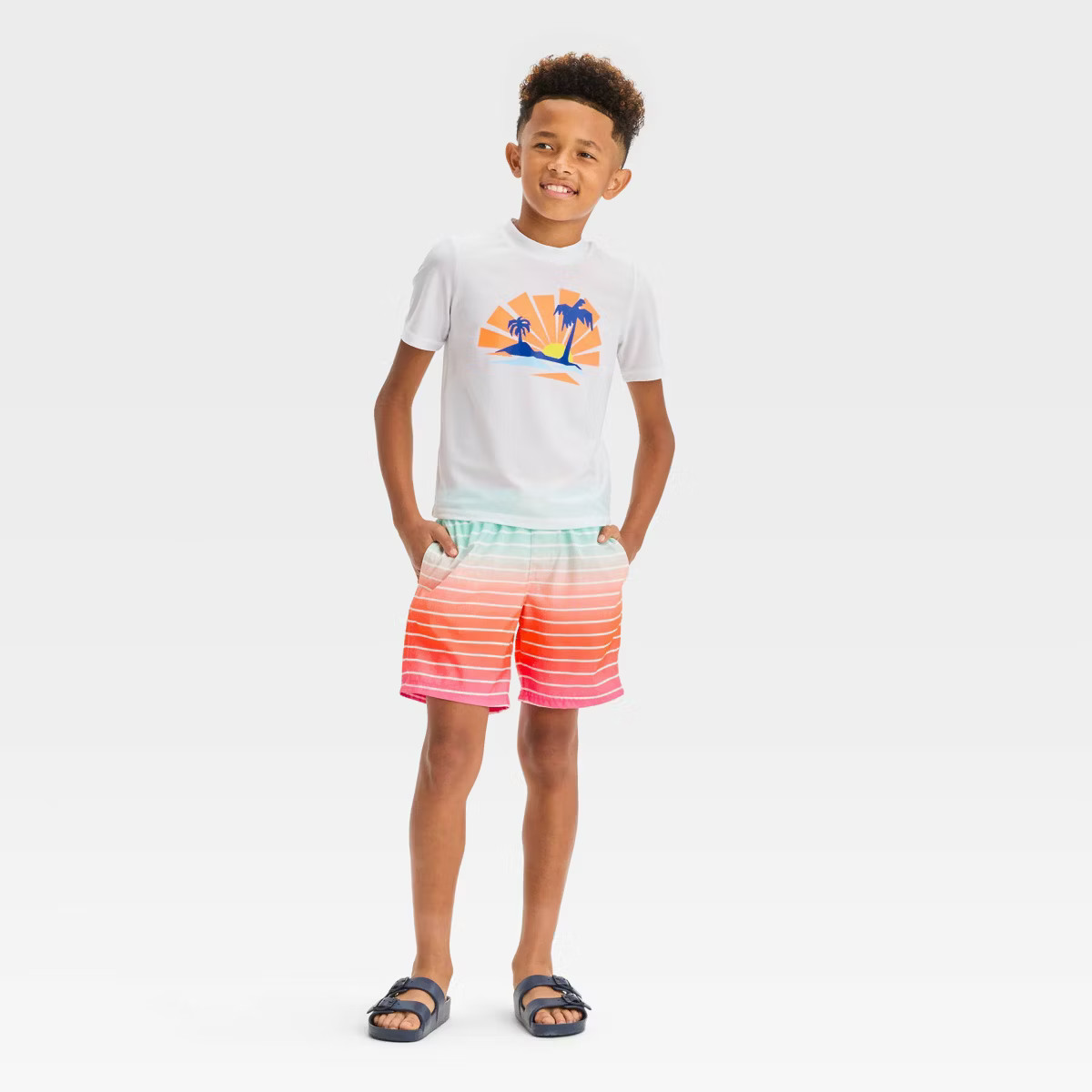 Boys' Short Sleeve Tree Printed & Striped Rash Guard Top & Swim Shorts Set - Cat & Jack™ | Target