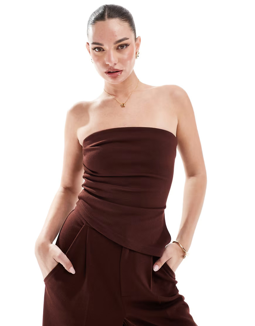ASOS DESIGN co-ord strapless ruched side bandeau top in chocolate-Brown | ASOS (Global)